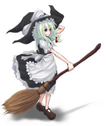Rule 34 | 1girl, beshi, blonde hair, blue eyes, broom, female focus, hand on headwear, hat, kirisame marisa, lowres, solo, touhou, white background, witch, witch hat