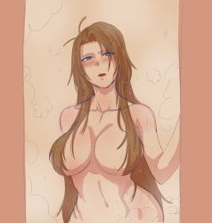 Rule 34 | 1girl, absurdres, bad id, bad pixiv id, blush, breasts, brown hair, censored, censored nipples, girls&#039; frontline, green eyes, groin, hair censor, highres, large breasts, lee-enfield (girls&#039; frontline), long hair, looking at viewer, navel, nayama, nude, solo, steam, very long hair, wet