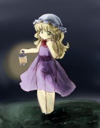 Rule 34 | 1980s (style), 1girl, :d, ^ ^, bad id, bad twitter id, blonde hair, closed eyes, closed mouth, dress, closed eyes, hat, highres, holding lamp, long hair, maribel hearn, mob cap, oldschool, open mouth, purple dress, retro artstyle, see-through, see-through dress, sketch, sleeveless, sleeveless dress, smile, standing, takemoto izumi (style), touhou, water, white headwear, yatyou, yellow eyes