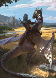 Rule 34 | 1boy, absurdres, armor, barding, blue sky, brown pants, castle, cloud, commentary, day, dragon, dragon riding, english commentary, facing away, fantasy, field, from behind, grass, highres, holding, holding reins, jacket, mountainous horizon, original, outdoors, pants, pauldrons, red jacket, reins, river, rock, saddle, sam leung, scenery, shoulder armor, simple bird, sitting, sky, sword, water, weapon, weapon on back, wyvern