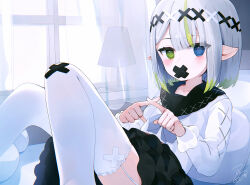 Rule 34 | 1girl, bed, black sailor collar, black skirt, blue eyes, blush, commentary request, copyright request, curtains, day, feet out of frame, garter straps, green eyes, green hair, grey hair, hair ornament, heterochromia, highres, indoors, knees together feet apart, knees up, layered skirt, long sleeves, looking at viewer, multicolored hair, nishi yasuaki, pillow, pleated skirt, pointy ears, puffy long sleeves, puffy sleeves, sailor collar, school uniform, serafuku, shirt, signature, skirt, solo, streaked hair, sunlight, thighhighs, transparent, white shirt, white thighhighs, window, x fingers, x hair ornament