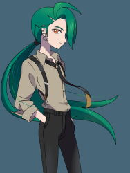 Rule 34 | 1girl, ahoge, asatsuki (fgfff), black necktie, black pants, bright pupils, closed mouth, collared shirt, creatures (company), earrings, from side, game freak, gloves, green hair, grey background, hands in pockets, highres, jewelry, long hair, looking at viewer, necktie, nintendo, orange eyes, pants, pokemon, pokemon sv, rika (pokemon), shirt, sideways glance, smile, solo, stud earrings, suspenders, white pupils