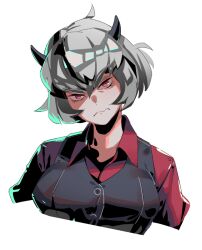 Rule 34 | 1girl, black horns, breasts, buttons, closed mouth, demon, demon horns, donuttypd, grey hair, head tilt, helltaker, horns, large breasts, looking to the side, malina (helltaker), medium breasts, neck, red eyes, red shirt, shine, shirt, white background