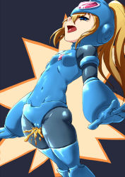 Rule 34 | artist request, blonde hair, blue eyes, bodysuit, cameltoe, gloves, helmet, latex, ponytail, rokko-chan, rokko-chan (character), tears, tongue, tongue out