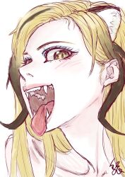 Rule 34 | 1girl, blonde hair, brown hair, cheetah print, collarbone, extra ears, eyelashes, eyeshadow, fangs, kemono friends, king cheetah (kemono friends), kishida shiki, leaning forward, lips, long hair, looking at viewer, makeup, multicolored hair, nude, open mouth, portrait, sketch, slit pupils, smile, solo, teeth, tongue, tongue out, two-tone hair, yellow eyes
