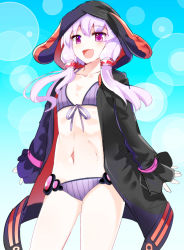 Rule 34 | 1girl, :d, animal hood, bikini, blush, collarbone, cowboy shot, e.o., flat chest, gradient background, highres, hood, hooded jacket, jacket, looking at viewer, navel, open clothes, open jacket, open mouth, polka dot, polka dot background, purple eyes, purple hair, smile, solo, swimsuit, vocaloid, voiceroid, yuzuki yukari