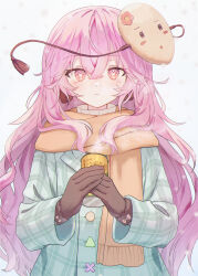 Rule 34 | 1girl, absurdres, adapted costume, aqua coat, blush, brown gloves, can, closed mouth, coat, gloves, hair between eyes, hata no kokoro, highres, holding, holding can, long hair, long sleeves, looking at viewer, mask, mask on head, nyanaya, orange scarf, pink eyes, pink hair, plaid, plaid coat, scarf, signature, simple background, solo, touhou, upper body, white background
