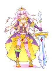 Rule 34 | &gt;:), 1girl, aken, blonde hair, bracer, breasts, choker, closed mouth, collarbone, corset, dated, dress, full body, gloves, hand on own hip, highres, holding, holding sword, holding weapon, juliet sleeves, kneehighs, light purple hair, long hair, long sleeves, looking at viewer, medium breasts, multicolored eyes, multicolored hair, original, pink eyes, princess, puffy sleeves, purple dress, purple gloves, purple socks, single glove, single kneehigh, single sock, smile, socks, solo, standing, sword, thigh strap, tiaran, two-tone hair, v-shaped eyebrows, weapon, yellow eyes