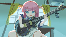 Rule 34 | 1girl, air conditioner, arisaki (cnxy7525), blue eyes, bocchi the rock!, calendar (object), child, curtains, dress, gotoh futari, guitar, highres, holding, holding plectrum, indoors, instrument, open mouth, pink hair, playing guitar, plectrum, short hair, short sleeves, sitting, smile, solo, table, two side up, utility pole, wariza, white dress, window