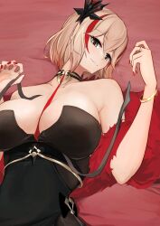 Rule 34 | 1girl, azur lane, bare shoulders, bed sheet, black choker, black dress, blonde hair, bracelet, breasts, brown eyes, choker, cleavage, collarbone, commentary, cowboy shot, dress, evening gown, feather boa, hair between eyes, hair ornament, halter dress, halterneck, hand up, highres, jewelry, large breasts, looking at viewer, lying, marshall k, multicolored hair, on back, parted lips, red hair, red nails, ring, roon (azur lane), roon (viridescent lullaby) (azur lane), shadow, short hair, sidelocks, smile, solo, streaked hair, two-tone hair