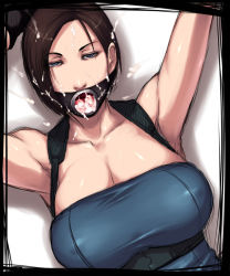 Rule 34 | 1girl, aftersex, ahegao, armpits, bad end, bdsm, blue eyes, bondage, bound, breasts, brown hair, capcom, cleavage, covered erect nipples, cum, cum in mouth, cum on hair, cum on tongue, empty eyes, facial, fucked silly, gag, gagged, game over, huge breasts, jill valentine, open mouth, oral, parted bangs, rape, resident evil, resident evil 3, resident evil 3: nemesis, ring gag, sawao, shiny clothes, short hair, skin tight, solo