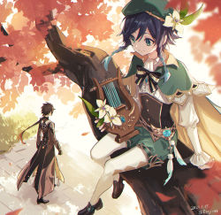 Rule 34 | 2boys, amaichi esora, black gloves, black hair, blue hair, bow, braid, branch, brown hair, cape, closed mouth, feathers, flower, formal, frilled sleeves, frills, gem, genshin impact, gloves, gradient hair, grass, green eyes, green headwear, hair between eyes, hat, hat flower, highres, holding, holding instrument, instrument, jacket, jewelry, leaf, long hair, long sleeves, lyre, male focus, multicolored hair, multiple boys, pantyhose, ponytail, shoes, sitting, smile, stone floor, suit, trap, twin braids, venti (genshin impact), vision (genshin impact), white pantyhose, zhongli (genshin impact)
