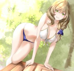 Rule 34 | 1girl, arm support, bare shoulders, bikini, blush, breasts, brown hair, cleavage, commentary, dress, eyebrows, flower, front-tie bikini top, front-tie top, genshin impact, green eyes, hair between eyes, hair flower, hair ornament, highres, knee up, large breasts, lisa (genshin impact), long hair, looking at viewer, mitsugu, navel, outdoors, purple bikini, purple flower, purple headwear, rose, smile, solo, stomach, swimsuit, symbol-only commentary, table, tree, two-tone bikini, white bikini