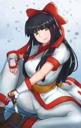 Rule 34 | 1girl, ainu clothes, black hair, breasts, fingerless gloves, gloves, green eyes, hair ribbon, highres, large breasts, legs, long hair, looking at viewer, nakoruru, pants, ribbon, samurai spirits, sitting, smile, snk, solo, the king of fighters, thighs, weapon