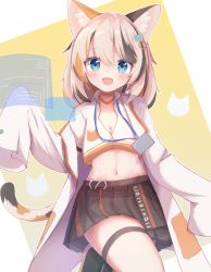 Rule 34 | 1girl, :d, absurdres, animal ears, black hair, blue eyes, breasts, calico, cat ears, cat tail, chrocatz, commission, cropped shirt, fang, highres, lab coat, light brown hair, long sleeves, looking at viewer, medium hair, midriff, miniskirt, multicolored hair, navel, open mouth, orange hair, original, pixiv commission, pleated skirt, skin fang, skirt, sleeves past fingers, sleeves past wrists, smile, stomach, streaked hair, tail