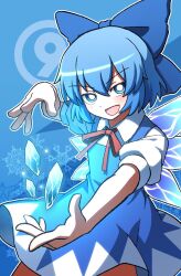 Rule 34 | 1girl, blue bow, blue dress, blue eyes, blue hair, blush, bow, cirno, cirno day, collared shirt, dress, fairy, hair between eyes, hair bow, hoshii 1213, ice, ice wings, open mouth, pinafore dress, puffy short sleeves, puffy sleeves, shirt, short hair, short sleeves, sleeveless, sleeveless dress, smile, solo, touhou, white shirt, wings