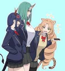 Rule 34 | +++, 3girls, alternate costume, anger vein, animal ears, arknights, black legwear, black skirt, black sweater, blazer, blonde hair, blue background, blue jacket, blush, bow, bowtie, breasts, cellphone, ch&#039;en (arknights), closed eyes, collared shirt, dragon girl, dragon horns, dragon tail, drill hair, from side, green eyes, green hair, hand in pocket, highres, holding, holding phone, horns, hoshiguma (arknights), huge breasts, jacket, large breasts, long hair, low ponytail, makino, miniskirt, multiple girls, open clothes, open jacket, open mouth, pantyhose, parted bangs, phone, pleated skirt, red bow, red bowtie, ringlets, shirt, simple background, single horn, skin-covered horns, skirt, smartphone, sweater, swire (arknights), tail, tiger ears, tiger girl, tiger tail, v-shaped eyebrows, very long hair, white shirt, yellow sweater