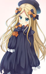 Rule 34 | 1girl, :o, abigail williams (fate), black bow, black dress, black hat, blonde hair, blue eyes, blush, bow, bug, butterfly, commentary request, dress, fate/grand order, fate (series), hair bow, hat, hugging object, insect, long hair, long sleeves, looking at viewer, orange bow, parted bangs, parted lips, sleeves past fingers, sleeves past wrists, solo, stuffed animal, stuffed toy, teddy bear, tsuyukina fuzuki, very long hair