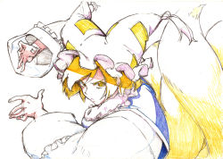 Rule 34 | 1girl, blonde hair, colored pencil (medium), female focus, fighting stance, fox tail, hat, mtmy, multiple tails, short hair, solo, tail, touhou, traditional media, upper body, yakumo ran, yellow eyes