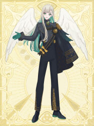Rule 34 | 1boy, androgynous, angel wings, ascot, award ribbon, black ascot, black cape, black footwear, black sash, black shirt, blonde hair, bow, braid, brooch, cape, center frills, chain paradox, colored inner hair, colored shoe soles, epaulettes, feather trim, french braid, frilled shirt, frilled sleeves, frills, full body, gloves, green eyes, green gloves, green hair, grin, high-waist pants, highres, jewelry, leaf print, long hair, long sleeves, looking at viewer, male focus, multicolored hair, open hand, outstretched hand, oxfords, pants, parted lips, patterned clothing, sash, shirt, shoulder sash, side braid, side cape, single epaulette, single sidelock, smile, solo, standing, suspenders, swept bangs, tsuitachi akio, two-sided cape, two-sided fabric, umai oimo, white wings, wings, yellow background, yellow bow