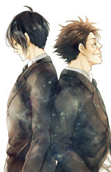 Rule 34 | 2boys, aokikoma, back-to-back, black hair, brown hair, father and son, formal, ginoza nobuchika, looking down, male focus, masaoka tomomi, multiple boys, necktie, old, old man, psycho-pass, starry sky print, suit