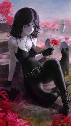 Rule 34 | 1girl, ankh, belt, black cat, black hair, black tank top, cat, death of the endless, flower, goth fashion, highres, pale skin, red flower, skull, tank top, the sandman (dc), tiger lily, tombstone, user ndsu8742