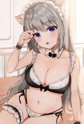 1girl animal_ear_fluff animal_ears bare_shoulders black_bow black_bowtie black_bra black_panties bow bow_bra bowtie bra breasts cat_ears cleavage collar collarbone commentary_request detached_collar fang grey_hair hair_between_eyes hand_up head_tilt highres indoors katsushika_pachi long_hair looking_at_viewer maid_headdress medium_breasts multi-strapped_panties navel open_mouth original panties purple_eyes side-tie_panties sitting skin_fang solo underwear underwear_only very_long_hair white_collar wing_collar wrist_cuffs