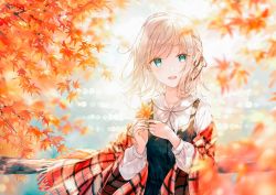 Rule 34 | 1girl, autumn leaves, black dress, blonde hair, blouse, braid, collared shirt, dress, fence, green eyes, hiten (hitenkei), holding, holding leaf, leaf, looking at viewer, maple leaf, maple tree, open mouth, original, plaid, plaid scarf, river, scarf, shirt, short hair, side braid, single braid, sleeveless, sleeveless dress, solo, tree, water, white shirt