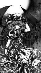 Rule 34 | 1girl, acryl, bat wings, female focus, greyscale, hat, highres, monochrome, outdoors, remilia scarlet, short hair, sky, solo, touhou, wings