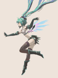 Rule 34 | 1girl, boots, closed eyes, elbow gloves, fingerless gloves, floating hair, full body, gloves, green hair, hatsune miku, ichi inaru, long hair, midriff, mono2501, simple background, solo, thighhighs, twintails, vocaloid