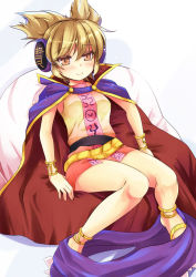 Rule 34 | 1girl, anklet, belt, blonde hair, blush, bracelet, brown eyes, cape, clothes pull, headphones, jewelry, lots of jewelry, niiya, shirt, sitting, skirt, skirt around legs, skirt pull, sleeveless, sleeveless shirt, smile, solo, touhou, toyosatomimi no miko