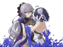 2girls absurdres backless_dress backless_outfit blue_eyes blue_flower blue_hair blue_ribbon blush bronya_zaychik bronya_zaychik_(silverwing:_n-ex) china_dress chinese_clothes dress flower gloves grey_eyes grey_gloves grey_hair hair_flower hair_ornament hand_on_another&#039;s_back highres holding_another&#039;s_wrist honkai_(series) honkai_impact_3rd long_hair looking_at_another multicolored_hair multiple_girls open_mouth ribbon seele_vollerei seele_vollerei_(mirrored_flourishes) seele_vollerei_(stygian_nymph) shenqi_xiao_hong_zai_nali short_hair smile two-tone_hair very_long_hair white_background white_dress white_ribbon yuri