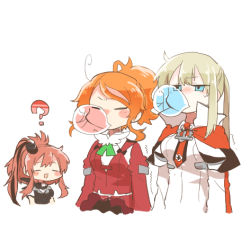 Rule 34 | 3girls, ?, aquila (kancolle), blonde hair, blue eyes, brown hair, capelet, chewing gum, commentary request, closed eyes, graf zeppelin (kancolle), high ponytail, jacket, juliet sleeves, kantai collection, long hair, long sleeves, lowres, military, military uniform, multiple girls, open mouth, orange hair, puffy sleeves, rebecca (keinelove), red jacket, remodel (kantai collection), saratoga (kancolle), short hair, side ponytail, sidelocks, simple background, smile, twintails, uniform, white background
