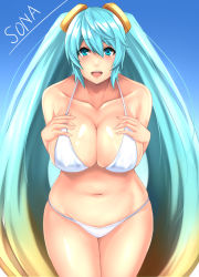 Rule 34 | 1girl, absurdres, aqua eyes, aqua hair, bad id, bad pixiv id, bikini, blonde hair, blush, breasts, cleavage, collarbone, gradient hair, highres, large breasts, league of legends, leaning forward, long hair, looking at viewer, multicolored hair, navel, open mouth, smile, solo, sona (league of legends), stomach, swimsuit, twintails, two-tone hair, very long hair, yashichii
