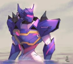 Rule 34 | 2022, assault visor, commentary, decepticon, english commentary, erika skerzz, glowing, highres, insignia, looking to the side, mecha, partially submerged, robot, science fiction, solo, soundwave (transformers), transformers, transformers: earthspark, upper body, water