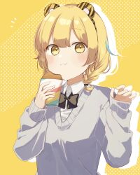 Rule 34 | 1girl, :t, animal ears, animal print, black bow, blonde hair, blue hair, blush stickers, bow, braid, breasts, closed mouth, collared shirt, commentary request, dress shirt, drop shadow, eating, fake animal ears, food, grey sweater, hairband, hands up, highres, holding, holding food, long sleeves, looking at viewer, multicolored hair, original, polka dot, polka dot background, print hairband, puffy long sleeves, puffy sleeves, shirt, sleeves past wrists, small breasts, sofra, solo, streaked hair, sweater, tiger print, upper body, white shirt, yellow background, yellow eyes