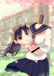 Rule 34 | 1girl, black hair, borusen, cherry blossoms, crying, crying with eyes open, dickneck, diploma, graduation, looking at viewer, mito kumi, object insertion, pussy, school uniform, skirt, smile, solo, tears