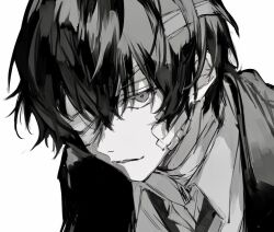 Rule 34 | 1boy, bandage over one eye, bandaged neck, bandages, bandaid, bandaid on cheek, bandaid on face, bungou stray dogs, collared shirt, dazai osamu (bungou stray dogs), formal, greyscale, hair between eyes, looking at viewer, mafia, male focus, monochrome, nozz177, portrait, shirt, short hair, simple background, smile, solo, suit, white background