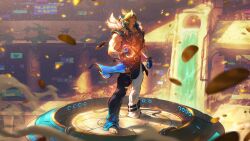 Rule 34 | 1boy, abs, animal ear fluff, bandaged arm, bandages, barefoot, black gloves, black pants, blonde hair, blue headband, chain, coin, collarbone, full body, gloves, gold coin, headband, highres, league of legends, muscular, muscular male, official art, pants, sett (league of legends), short hair, solo, soul fighter sett, standing, white pants