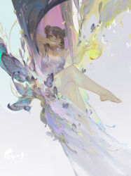 Rule 34 | 1girl, bare arms, bare legs, barefoot, black hair, breasts, bug, butterfly, cleavage, crossed legs, double bun, dress, feet, floating, gem, gradient background, hair between eyes, hair bun, highres, insect, legs, long hair, looking at viewer, original, pearl (gemstone), purple background, purple butterfly, red eyes, small breasts, solo, toes, wenjun lin, white butterfly