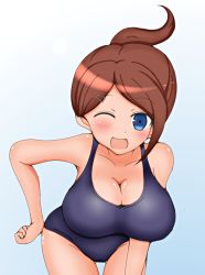 Rule 34 | 10s, 1girl, artist request, asahina aoi, bare shoulders, blue eyes, blush, breasts, brown hair, cleavage, danganronpa (series), dark skin, dark-skinned female, female focus, hair ornament, large breasts, leaning forward, long hair, looking at viewer, one eye closed, simple background, smile, solo, standing, swimsuit