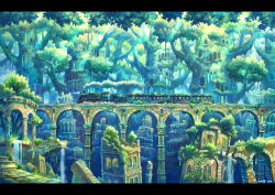 Rule 34 | aqueduct, artist name, bridge, building, canopy, cityscape, commentary request, day, fantasy, grass, kemi neko, letterboxed, light rays, locomotive, moss, nature, no humans, original, outdoors, overgrown, railroad tracks, ruins, scenery, signature, stairs, steam, steam locomotive, train, tree, tree shade, treehouse, water, waterfall, window