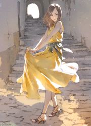 Rule 34 | 1girl, absurdres, alley, black eyes, black hair, dated, dress, full body, highres, long hair, looking at viewer, original, outdoors, sash, sketch, smile, solo, stairs, yellow dress, zennosuke