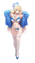 Rule 34 | 1girl, absurdres, adjusting hair, alternate costume, armpits, arms up, bare shoulders, between breasts, blonde hair, blue archive, blue eyes, blue flower, blue footwear, blue halo, blue jacket, blue rose, blush, bra, breasts, cleavage, closed mouth, commentary, english commentary, floral print, flower, full body, garter belt, garter straps, gluteal fold, hair intakes, halo, high heels, highres, id card, jacket, large breasts, lingerie, long hair, long sleeves, looking at viewer, lucifer liyen, midriff, mouth hold, navel, open clothes, open jacket, panties, presenting armpit, rose, rose print, shiny skin, simple background, skindentation, solo, standing, stomach, thighhighs, toki (blue archive), underwear, very long hair, white background, white bra, white panties, white thighhighs