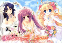 Rule 34 | 3girls, :d, bad hands, black hair, blonde hair, bouquet, breasts, bride, cleavage, collaboration, dress, english text, fixed, flat chest, flower, gloves, holding, jewelry, karory, kazuma muramasa, large breasts, long hair, multiple girls, necklace, open mouth, red hair, smile, third-party edit, twintails, wedding, wedding dress, yellow eyes, youta