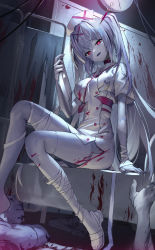 Rule 34 | 1girl, absurdres, bandaged arm, bandaged leg, bandages, blood, blood on clothes, blood splatter, breasts, clipboard, clock, colored skin, commentary, dated commentary, dress, english commentary, grey skin, hair ornament, hand up, hat, head tilt, highres, holding, holding clipboard, indoors, long hair, looking at viewer, medium breasts, nurse, nurse cap, open mouth, original, red eyes, sandals, scottie (phantom2), short sleeves, silver hair, simple background, sitting, syringe, two side up, very long hair, wall clock, white dress, white headwear, x hair ornament, zombie