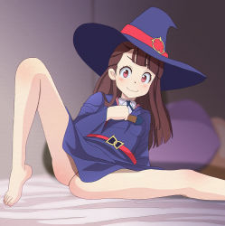 Rule 34 | 1girl, aruman, blush, brown hair, feet, hat, kagari atsuko, little witch academia, long hair, looking at viewer, no panties, red eyes, smile, solo, toes, witch hat