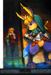 Rule 34 | 1boy, absurdres, against wall, ahoge, angry, animal ears, ankle boots, antenna hair, armor, barefoot, belt, black eyes, blonde hair, blue skin, boots, brown eyes, rabbit, cape, colored skin, cornelius (odin sphere), elbow gloves, feet, fur, gauntlets, gloves, grabbing another&#039;s chin, hand on another&#039;s chin, hand on own hip, hiding, highres, hood, indoors, long hair, looking away, no pants, non-web source, odin sphere, official art, pants, peeking, pillar, rabbit ears, scan, shadow, shigatake, short hair, sidelocks, smile, smirk, standing, strap, sweatdrop, sword, weapon