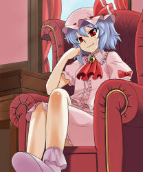 Rule 34 | 1girl, blue hair, chair, desk, fang, female focus, hand on own face, hat, crossed legs, ooike teru, red eyes, remilia scarlet, shoes, sitting, smile, solo, touhou