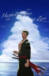 Rule 34 | 1boy, :d, ^ ^, blue sky, clenched hand, closed eyes, cloud, earrings, hamu ha umai, hand on weapon, happy birthday, haramaki, highres, jewelry, male focus, one piece, open mouth, outdoors, roronoa zoro, sash, scar, scar across eye, scar on chest, sheath, sheathed, short hair, sky, sleeves rolled up, smile, solo, sword, weapon